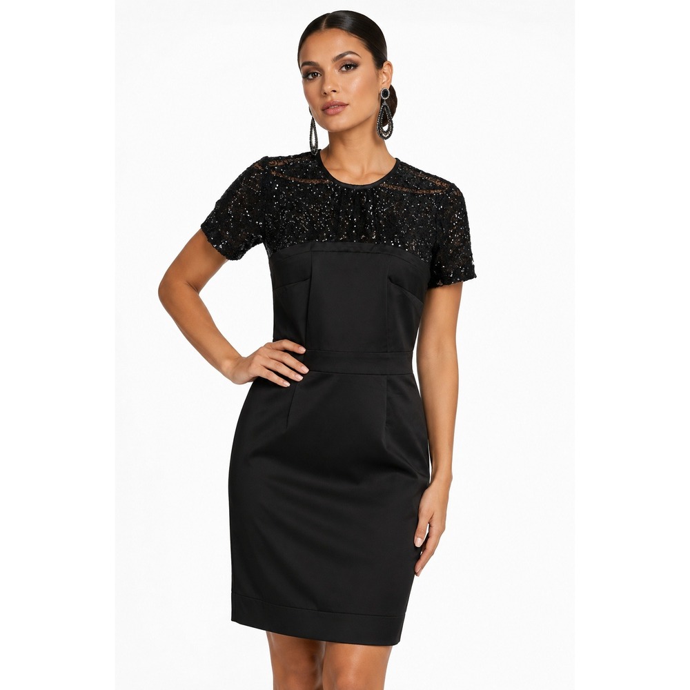 Trina Turk Black Sequined Lace Sheath Dress Size 12 Short Sleeve Cocktail LBD